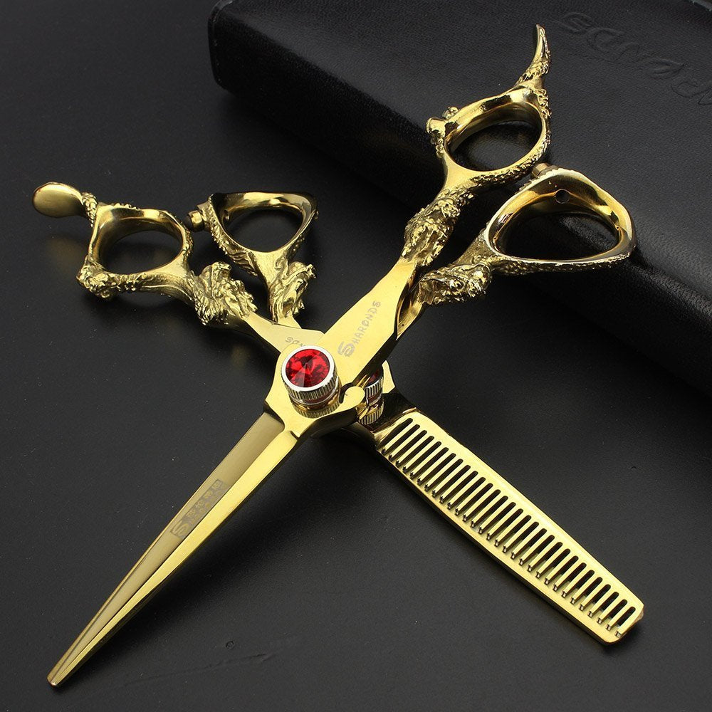 AXEMOORE 6 inch Hair Cutting Scissors Kit Gold Dragon Handle Thinning Shear Professional Salon Barber Shears Kit Texturizing Blending Hairdressing Shears for Men or Women(Scissor Set)