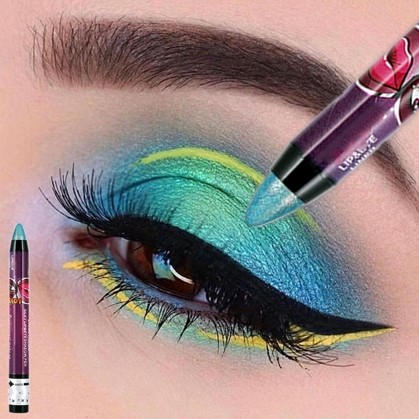 LYNTYAOU Peacock Green Pearl Shimmer Eyeshadow Stick, Blue Color Cream Eye Shadow, Metallic Glitter Eyeshadows, Pearlescent Highlight Pencil Crayon Brightener Pen, Smooth High Pigmented Eyeliner