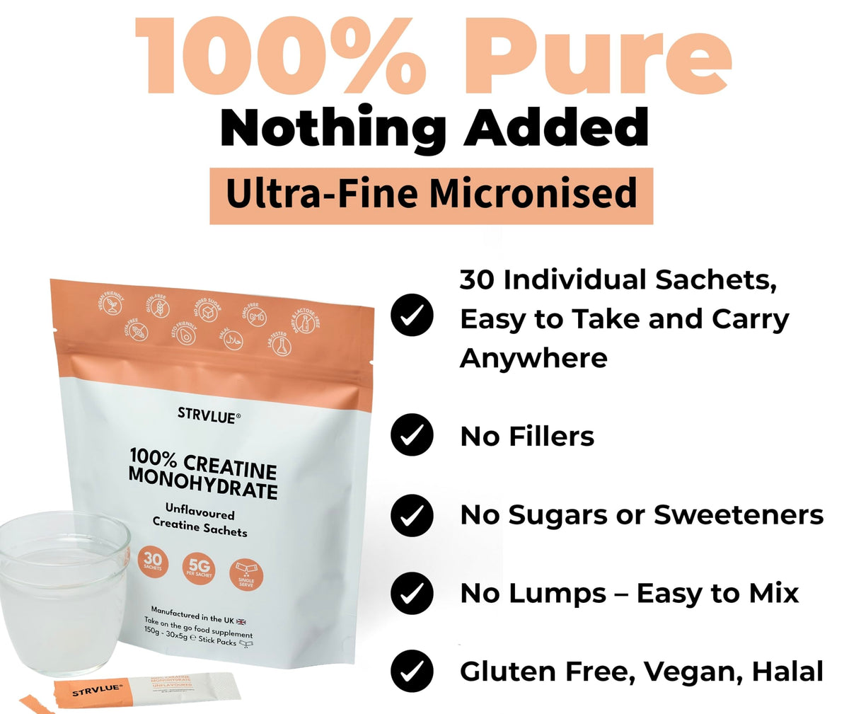 STRVLUE 100% Pure Lab Tested Creatine Monohydrate Powder | 30x5g Travel Sachets | Ultra‑Fine Micronised | Unflavoured | Supports Muscle Growth, Strength, Recovery & Performance, Cognition | for Men & Women