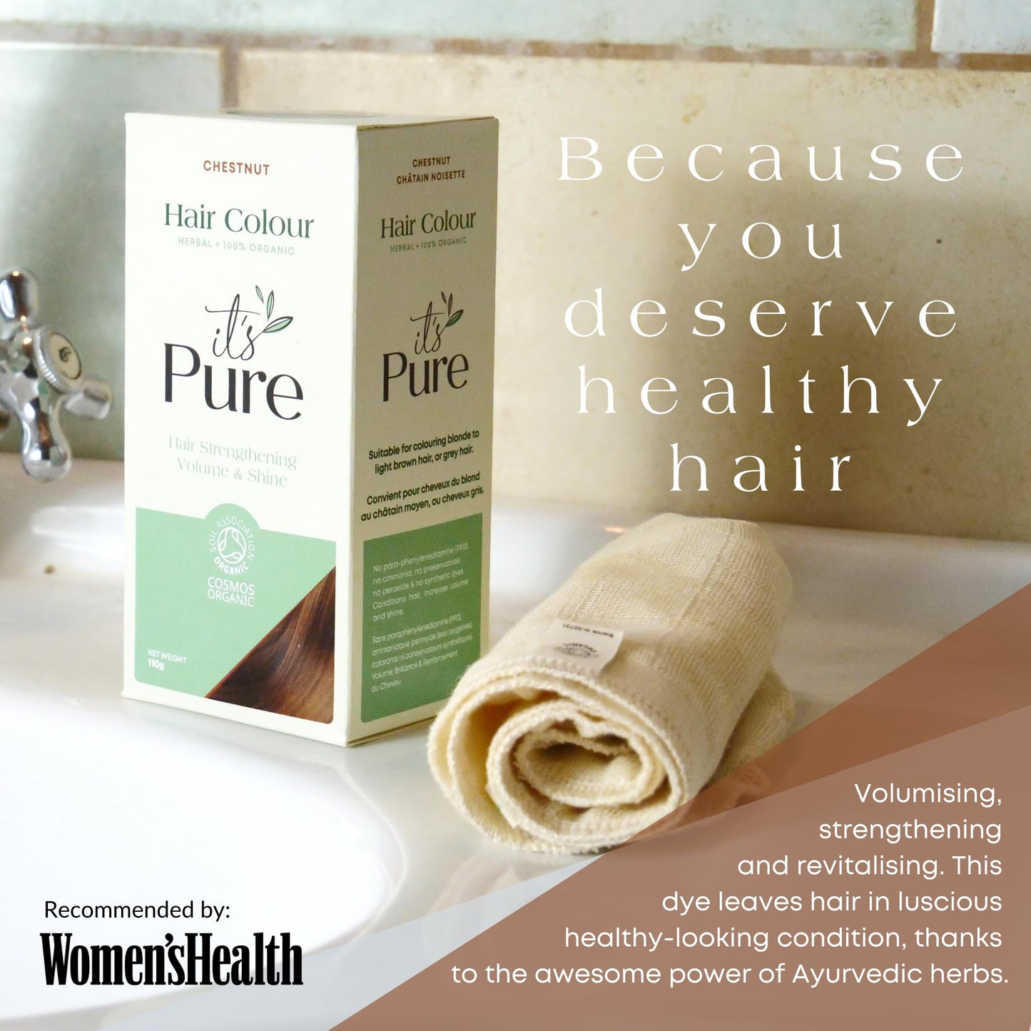 It's Pure Organic Henna Hair Dye in Chestnut | 100% Natural, Vegan, & Gluten Free | PPD Free Hair Dye, Ammonia Free, Resorcinol Free, & Peroxide Free | Volumising, Strengthening, & Revitalising |
