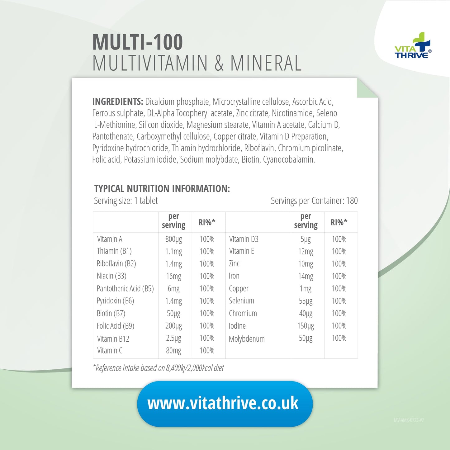 Vita Thrive VitaThrive® Multi-100 Multivitamin & Mineral Tablets – Advanced Daily Multivitamin Supplement for Energy & Cognitive Function - 180 Tablets for Men & Women