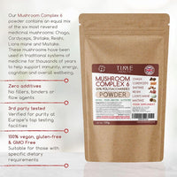 Time Health Mushroom Complex 6 Powder ∣ Chaga, Cordyceps, Shiitake, Reishi, Lions Mane, Maitake ∣ 30% Polysaccharides (100g Powder Pouch)