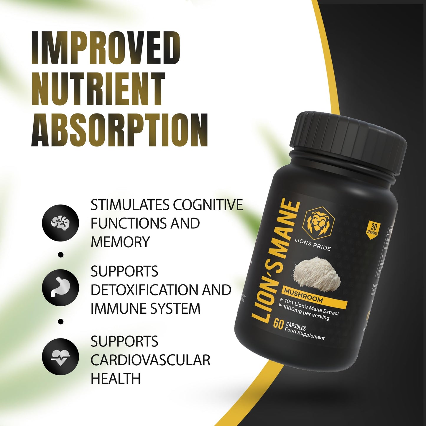 Lion's Pride Lions Pride Lions Mane Capsules, Food Supplement 10:1 Extract, High Strength Mushroom Powder, 60 Capsules
