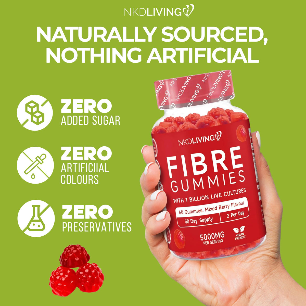 NKD Living High Fibre Inulin Gummies (60 Vegan Gummies) 5g of Fibre per Serving - with 1 Billion Live Cultures - Gut Health and Digestive System Support