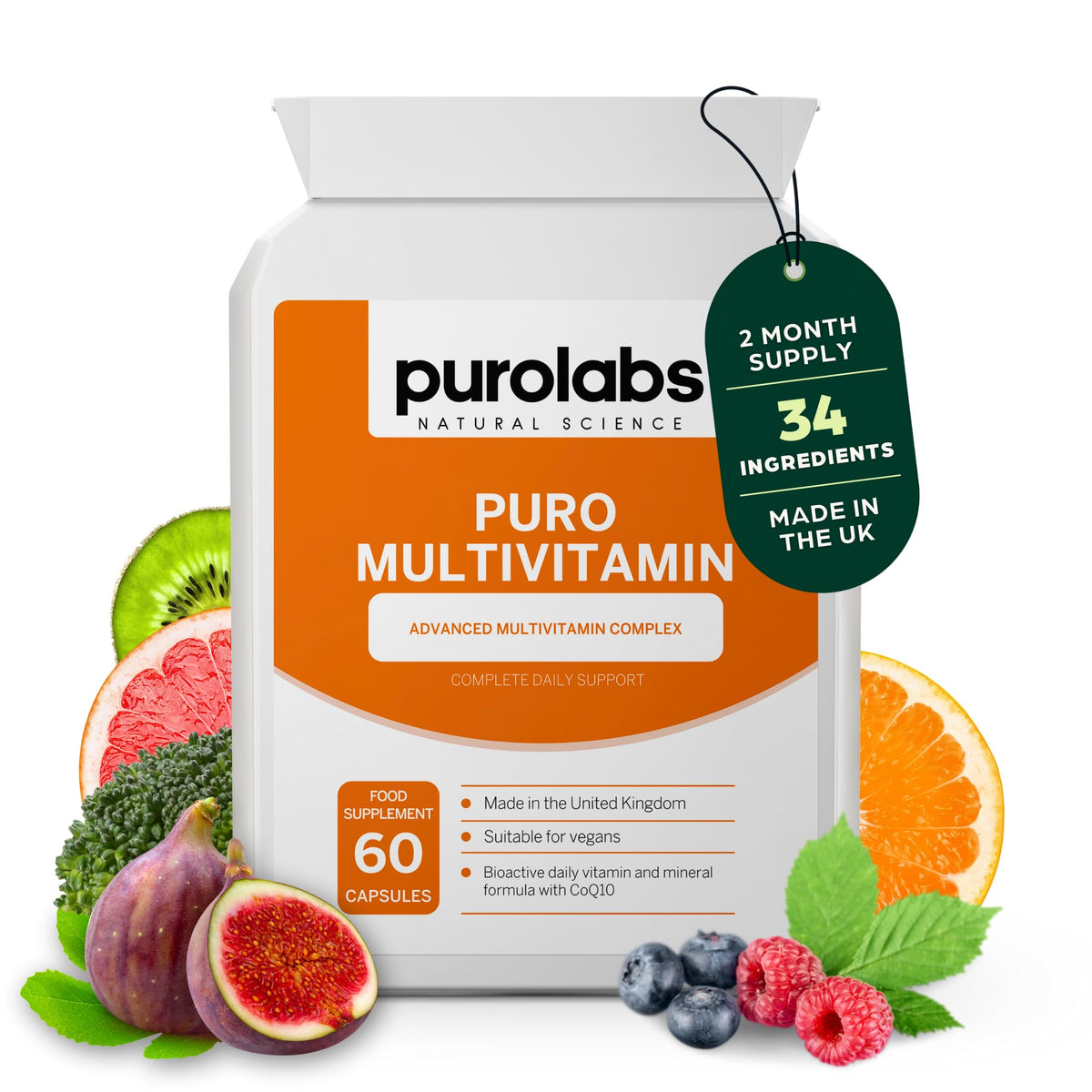 Purolabs Multivitamins & Minerals Supplement - 34 Essential Nutrients - Daily Multivitamin Tablets for Men & Women - 60 Vegan Capsules - Made in The UK