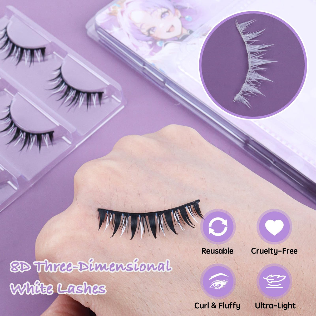 Klfoho Manga Lashes Natural Wet Look Wispy Spiky Lashes Anime Eyelashes Wispy Natural Lashes Extension Strip Japanese Style Fake Eye Lashes Handmade (Black White 3 Pairs)