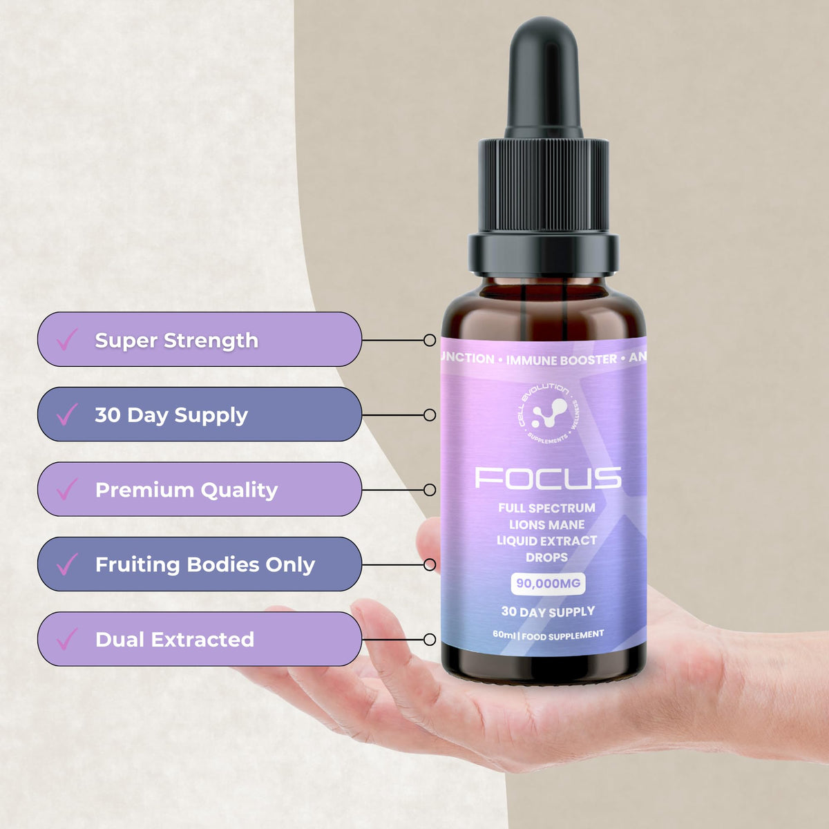 Cell Evolution Lions Mane Full Spectrum Liquid Mushroom Drops Supplement, Super Strength 90,000mg (15:1), Increased Focus, Energy & Decreased Brain Fog, Natural & Suitable for Vegans