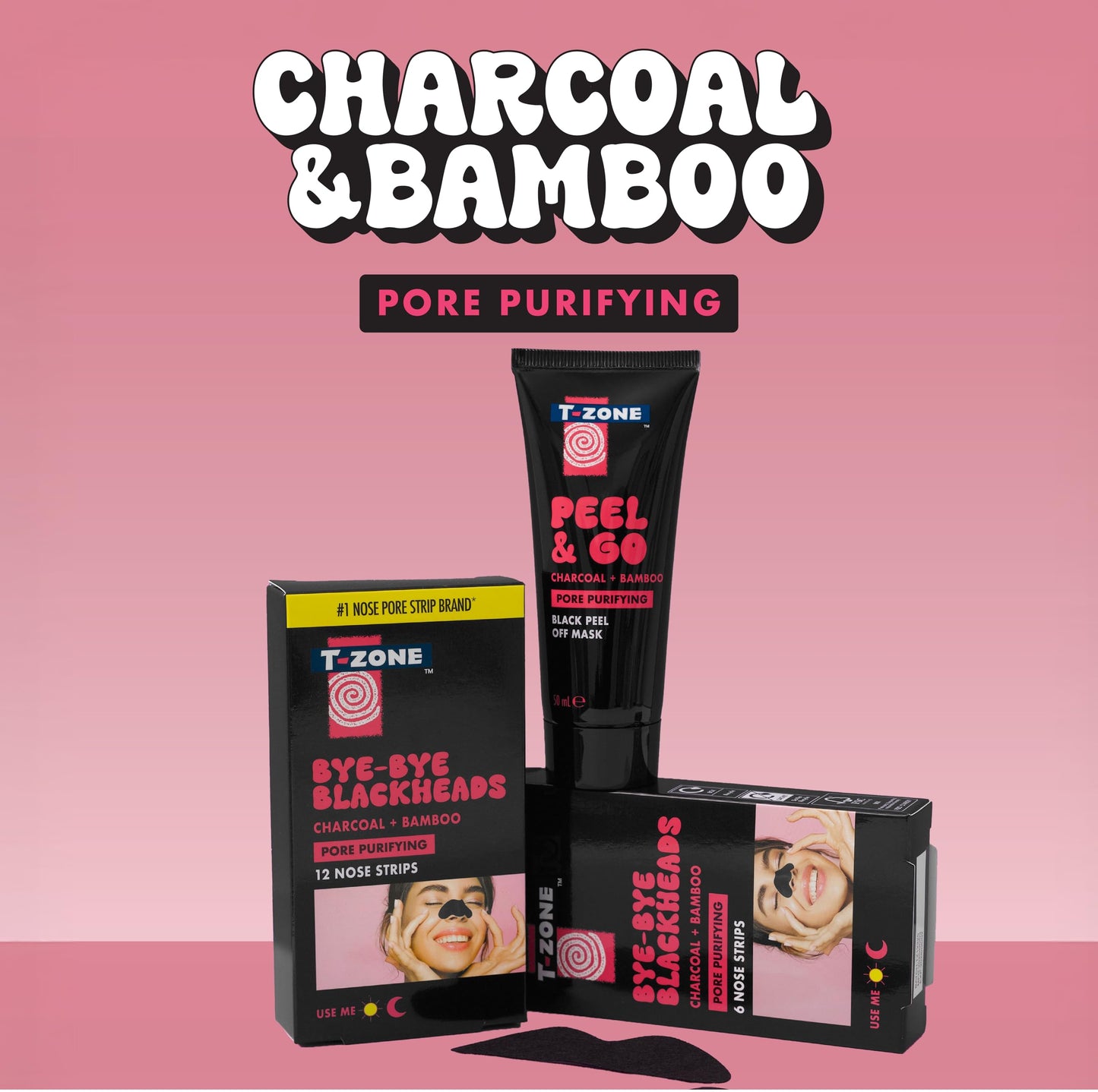 T-Zone Charcoal & Bamboo Nose Pore Strips (6 Pack) - Blackhead Remover Strips with Activated Charcoal, Unclogs Pores, Removes Dirt & Oil for Fresh, Clearer Skin