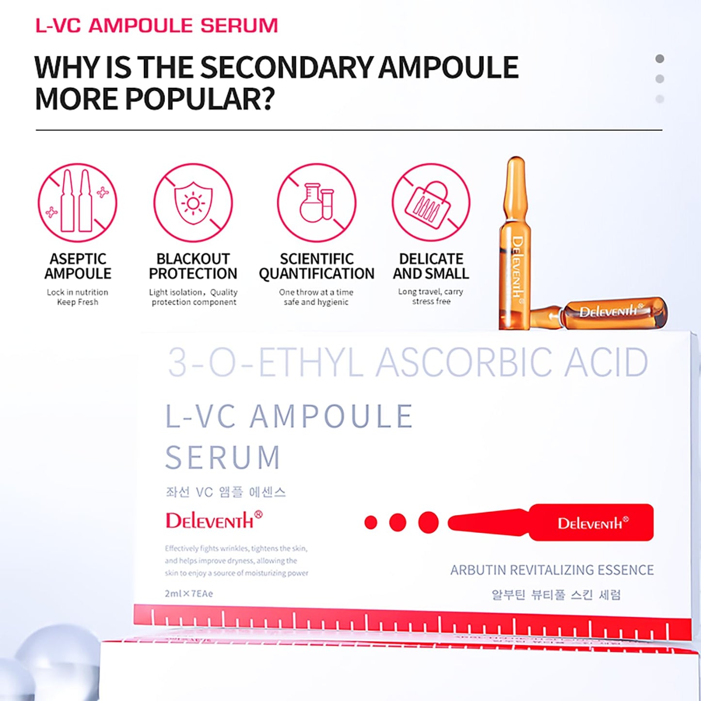 DEleventh Korean Brand Vitamin C Ampoule Serum 2ml × 7EAe / with Niacinamide (Vitamin B3) & Pro-Xilane, Anti-Aging, Brighten, Hydrate, and Smooth Skin, Creates a Radiant, Youthful Complexion