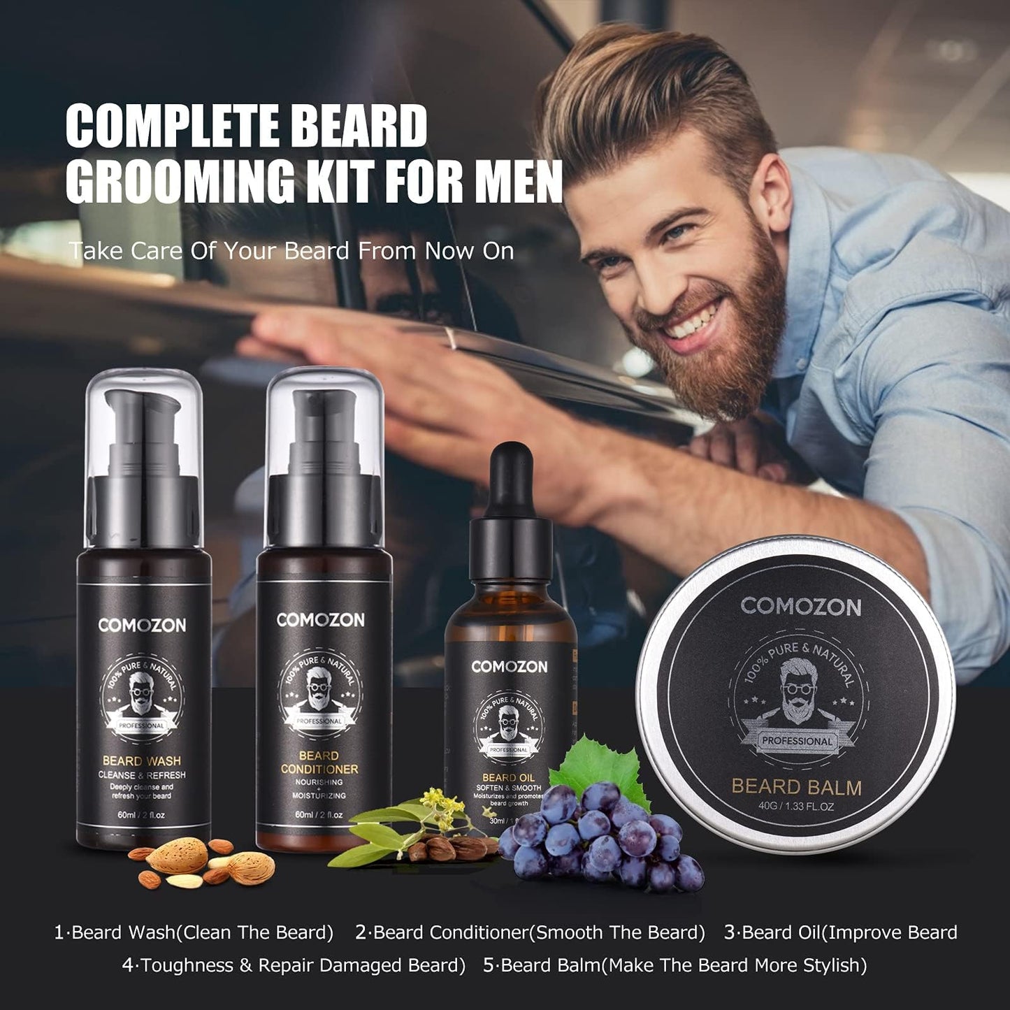 comozon Beard Grooming Kit for Men, 12 in 1 Beard Kit Men Gifts with Beard Roller, Beard Set with Beard Oil, Beard Shampoo, Beard Conditioner, Beard Brush, Beard Balm, Beard Comb, Scissors, Gifts for Him