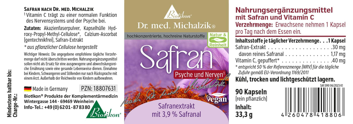 Saffron Dr. Michalzik - 3.9% Safranal + Vitamin C - No Additives - by Biotikon®