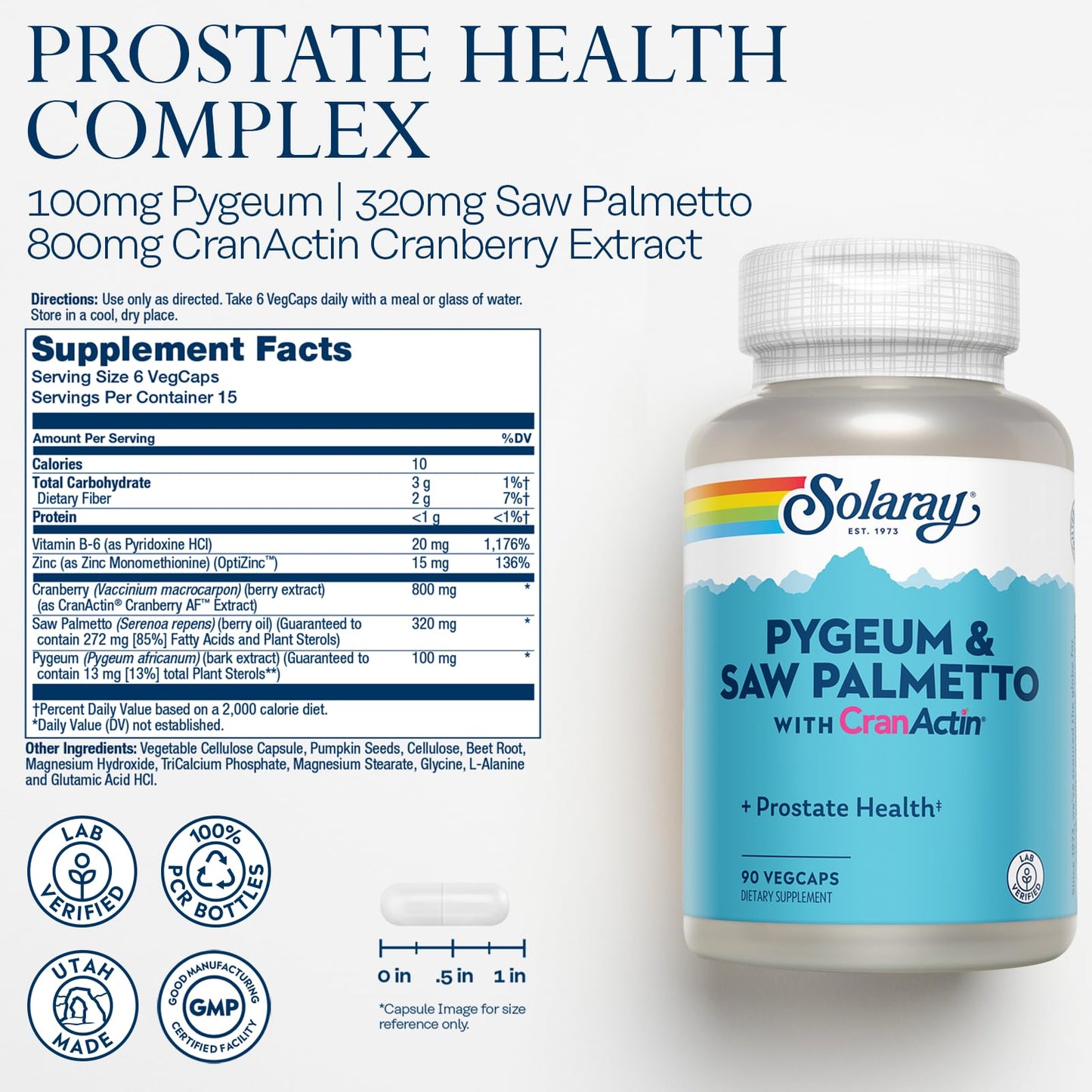 SOLARAY Pygeum and Saw Palmetto with CranActin - Prostate Health Supplement with Pygeum Bark, Saw Palmetto Extract and Cranberry Extract, Lab Verified, 60-Day Guarantee (15 Servings, 90 VegCaps)