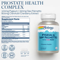SOLARAY Pygeum and Saw Palmetto with CranActin - Prostate Health Supplement with Pygeum Bark, Saw Palmetto Extract and Cranberry Extract, Lab Verified, 60-Day Guarantee (15 Servings, 90 VegCaps)