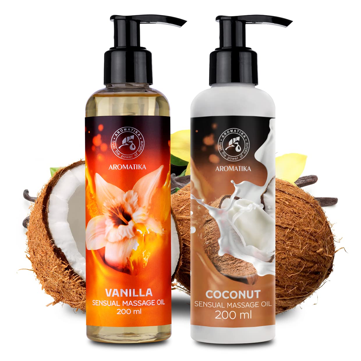 AROMATIKA trust the power of nature Sensual Massage Oil Vanilla & Coconut 2x200ml - Edible & Kissable Massage Oil - Blend of Almond and Grapeseed Oils - Coconut oil - Massage Body Oil - Relaxing Massage Oil - Aromatherapy Massage Oil