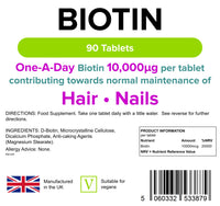 Lindens - Biotin 10,000mcg, 90 Tablets - Maintenance of Normal Hair, Skin & Nail, Normal Metabolism - Ultra-Potent 20000% NRV Strength - UK Made, Letterbox Friendly