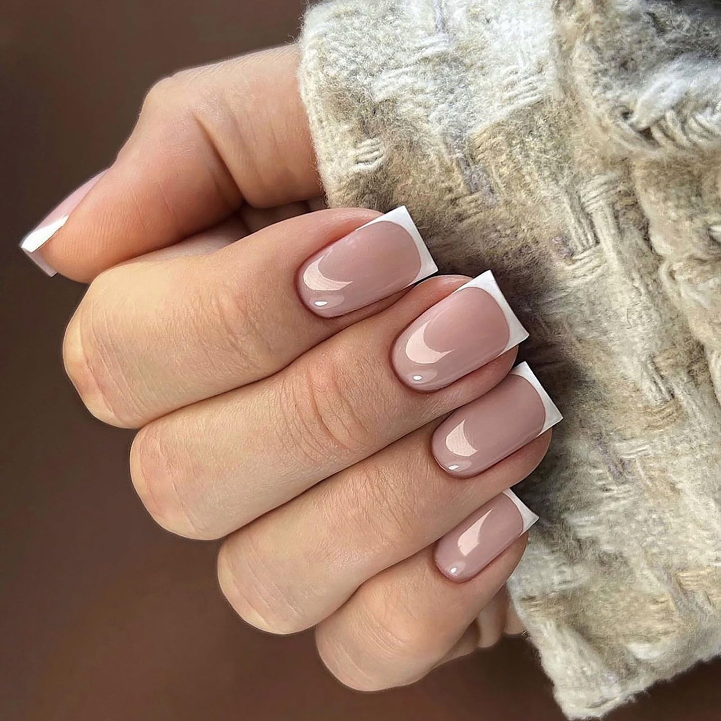 NLFOX 24Pcs French Tip False Nails Short - Press on Nails - Fake Nails with Glue - Nude White Stick on Nails - Full Cover Acrylic Square False Nail Tips for Women Girls Nail Art