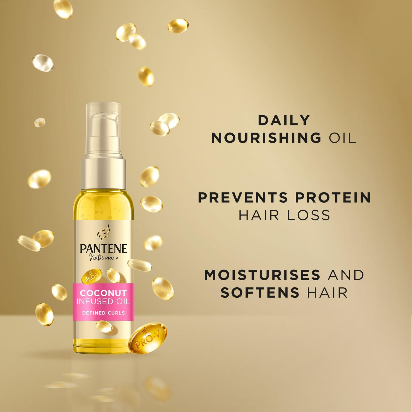 Pantene Pro-V Defined Curls Coconut Infused Hair Oil 100ml for Frizzy, Unruly Curls. Daily Leave in Nourishing Oil. Deeply Moisturises, Softens Hair and Prevents Protein Loss