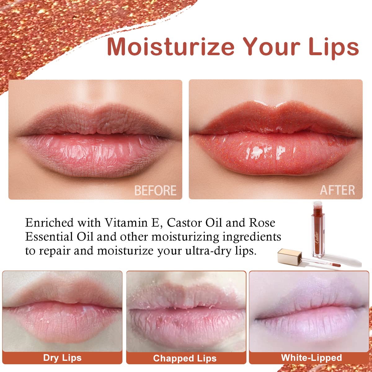 Oulac Light Orange Lip Gloss High-shine Moisturizing Lip Gloss Oil Liquid Lipstick Non-stick Cup Glitter lipstick Lip Tint Reduce Fine Lines Lip Glaze For Dry Lip C02
