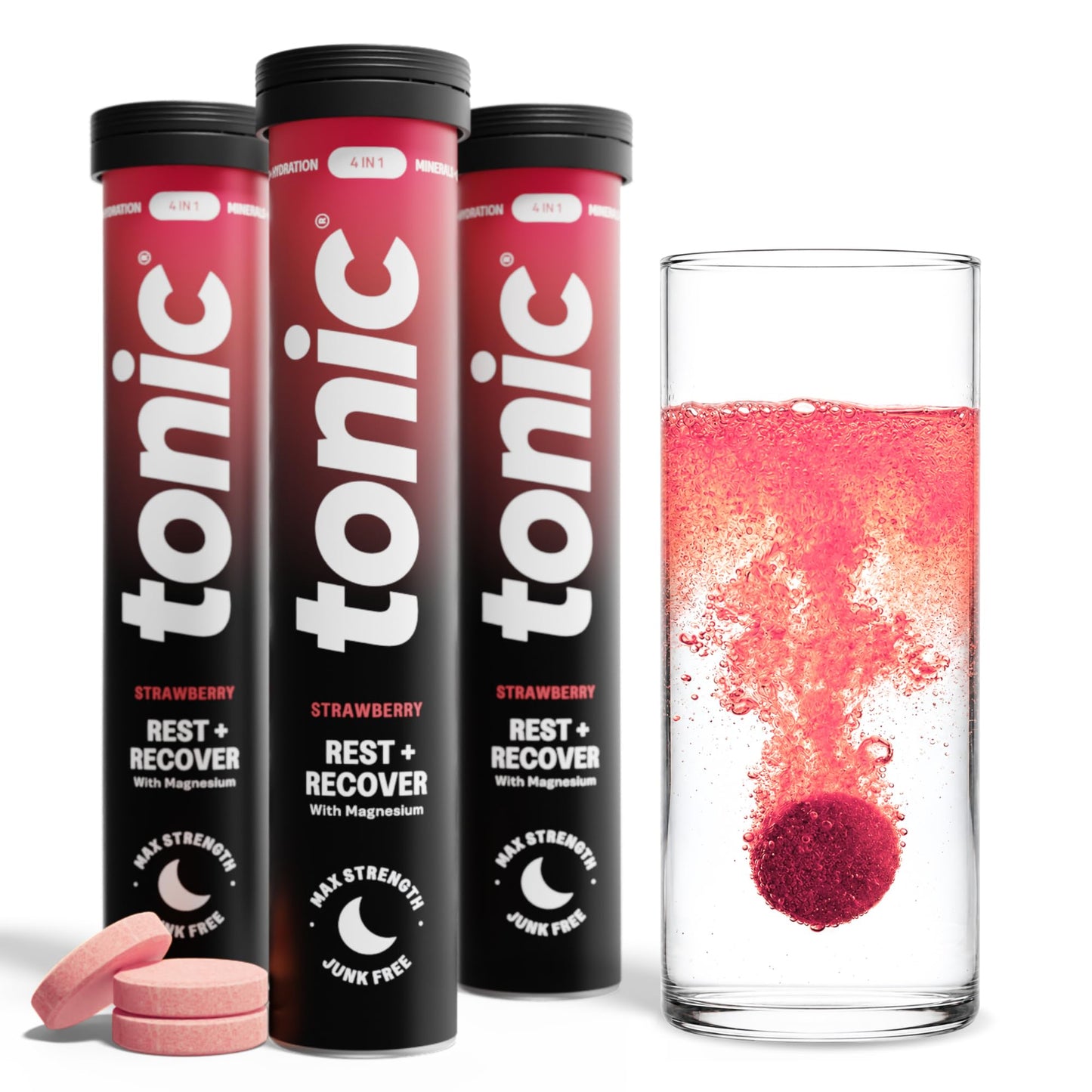 Tonic Health Rest and Recovery Effervescent Tablets - 300mg Elemental Magnesium, Ashwagandha, Lemon Balm - No Sugar, Magnesium Glycinate - Relax and Recharge, Calming Cherry 60 Count