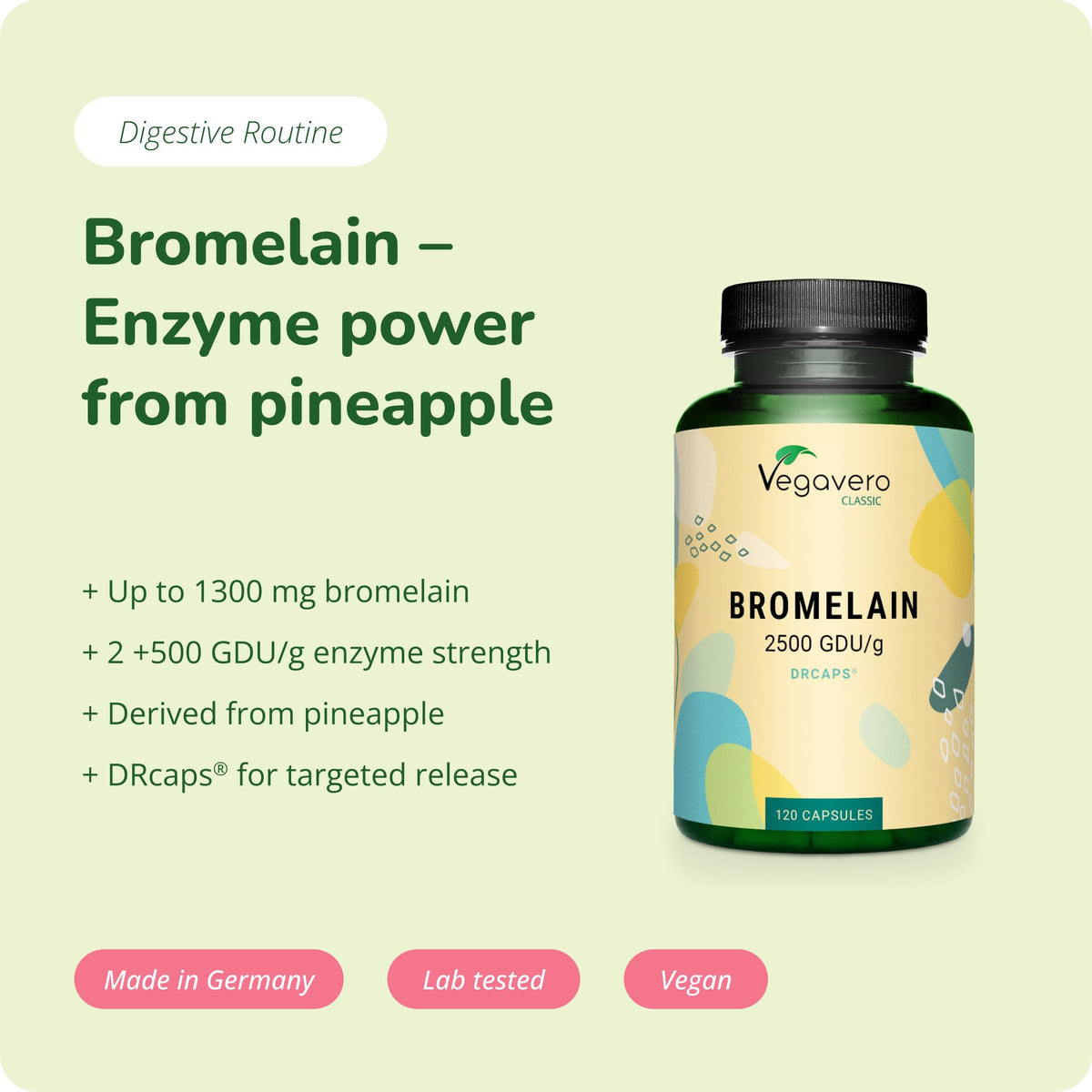 Vegavero Bromelain 650 mg | High Strength - 2500 GDU/g | Gastro-Resistant DrCaps | NO Additives, Lab-Tested | Pure Pineapple Enzyme | 120 Capsules | Vegan