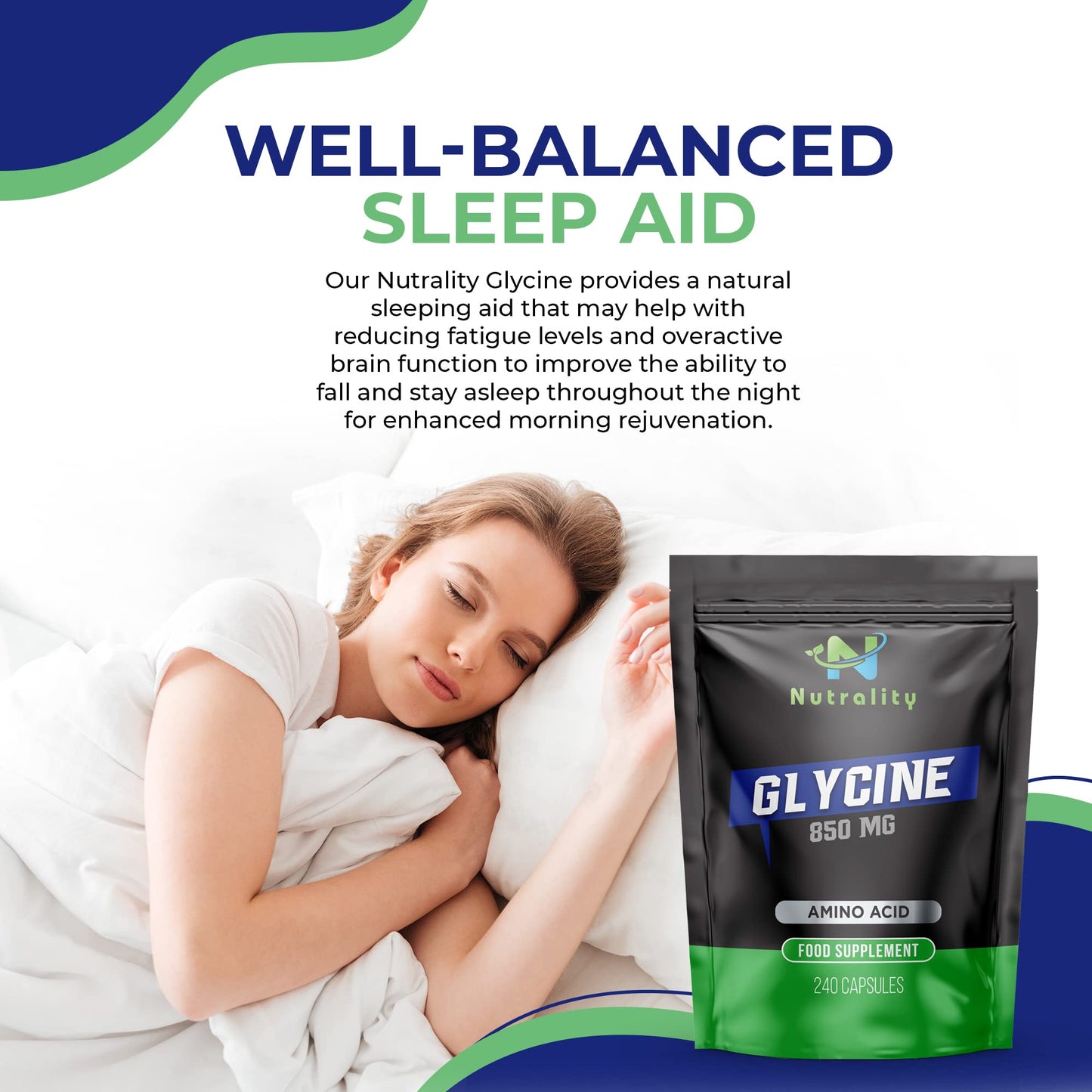 Nutrality Glycine Supplement | 850 mg per Serving | Amino Acid Neurotransmitter, Nervous System Support, Sleeping Aid & Liver Detoxification | 240 Capsules