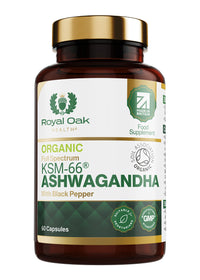 Organic High Concentration Full Spectrum KSM-66 ASHWAGANDHA with 5% Withanolides and Black Pepper, Made in Britain by Royal Oak Health, 60 Capsules