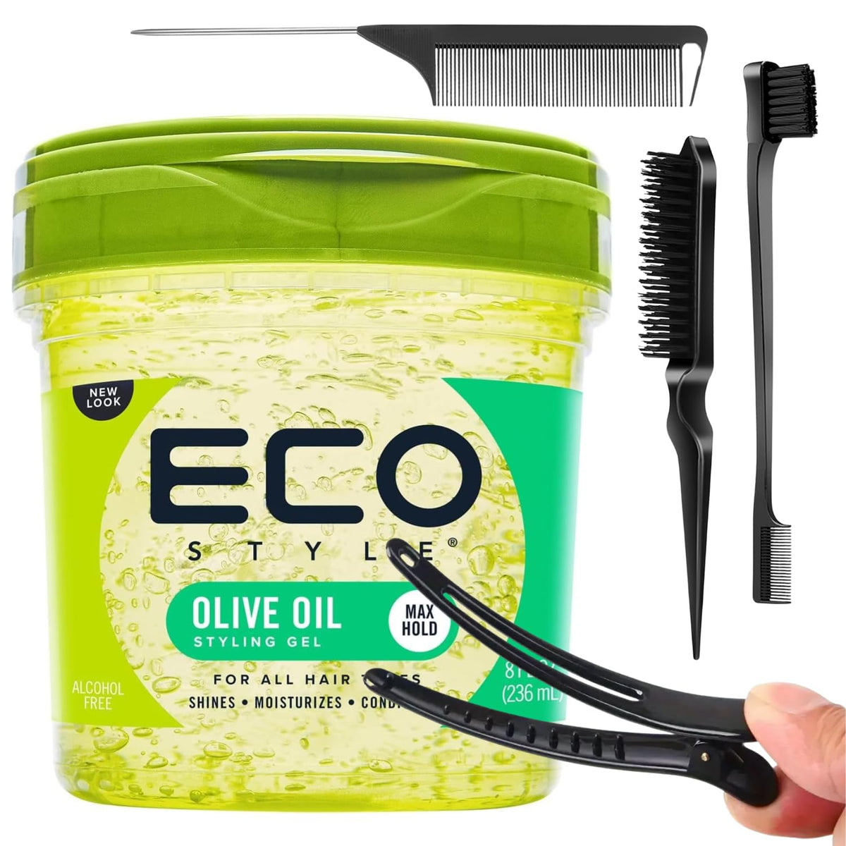 Neneh Tayyiba Styling Gel Bundle – Eco Styler Gel & Edge Control Set | Perfect Curl & Slick Back Hair Gel for Women | 3pc Brush + 2 Duck Bill Clips | Aloe Vera Organic Hold for Curly Hair, Braids & Edges