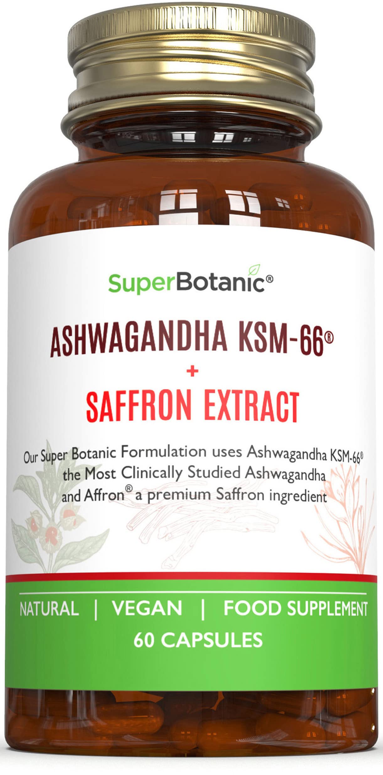 Super Botanic Ashwagandha KSM 66 ® 60 Vegan Capsules with Affron ® (Saffron Extract) |100% Natural & Made in the UK | Most Clinically Studied Ashwagandha |