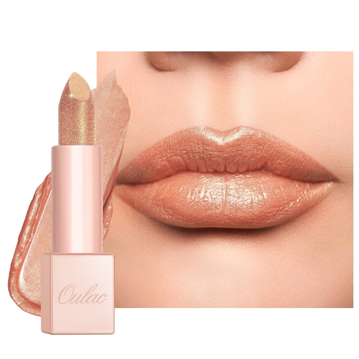 Oulac Shimmer Lipstick for Women - Nude Moisture Tinted Lip Balm, For Extremely Dry, Cracked Lips, Glitter Surface, Creamy Formula, Hydrating Lip Care, Natural Origin, Vegan (PG13) Sahara Glow