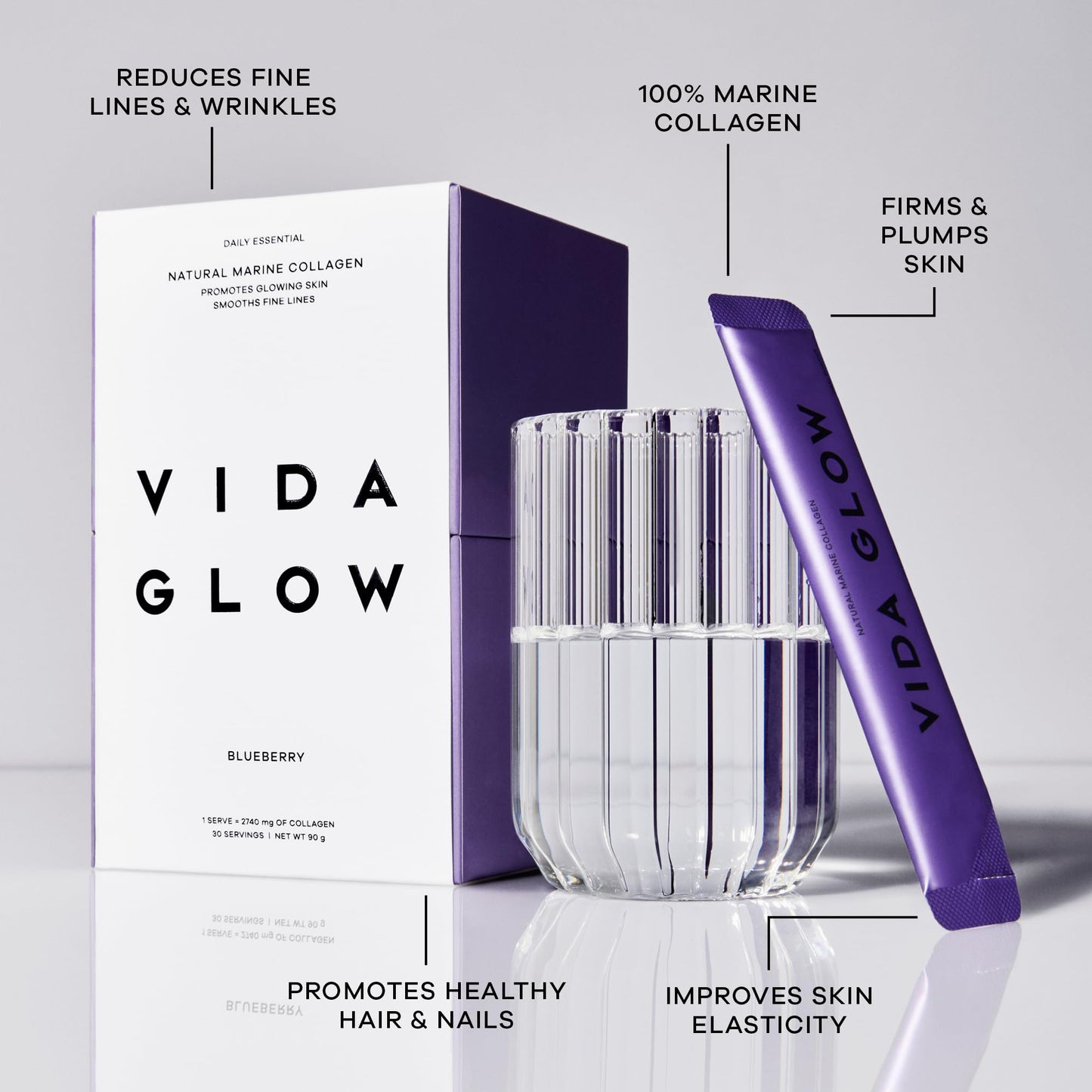 Vida Glow - Natural Hydrolysed Marine Collagen Sachets | Promotes Glowing Skin + Smooths Fine Lines (Blueberry, 30 Sachets)