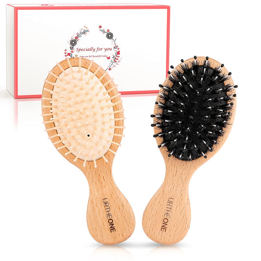 URTHEONE 2Pcs Travel/Mini Hair Brush Boar Bristle Hairbrush for Girls Boys Kids Women Men,Detangling Brush for Thick Curly Thin Long Short Dry Hair