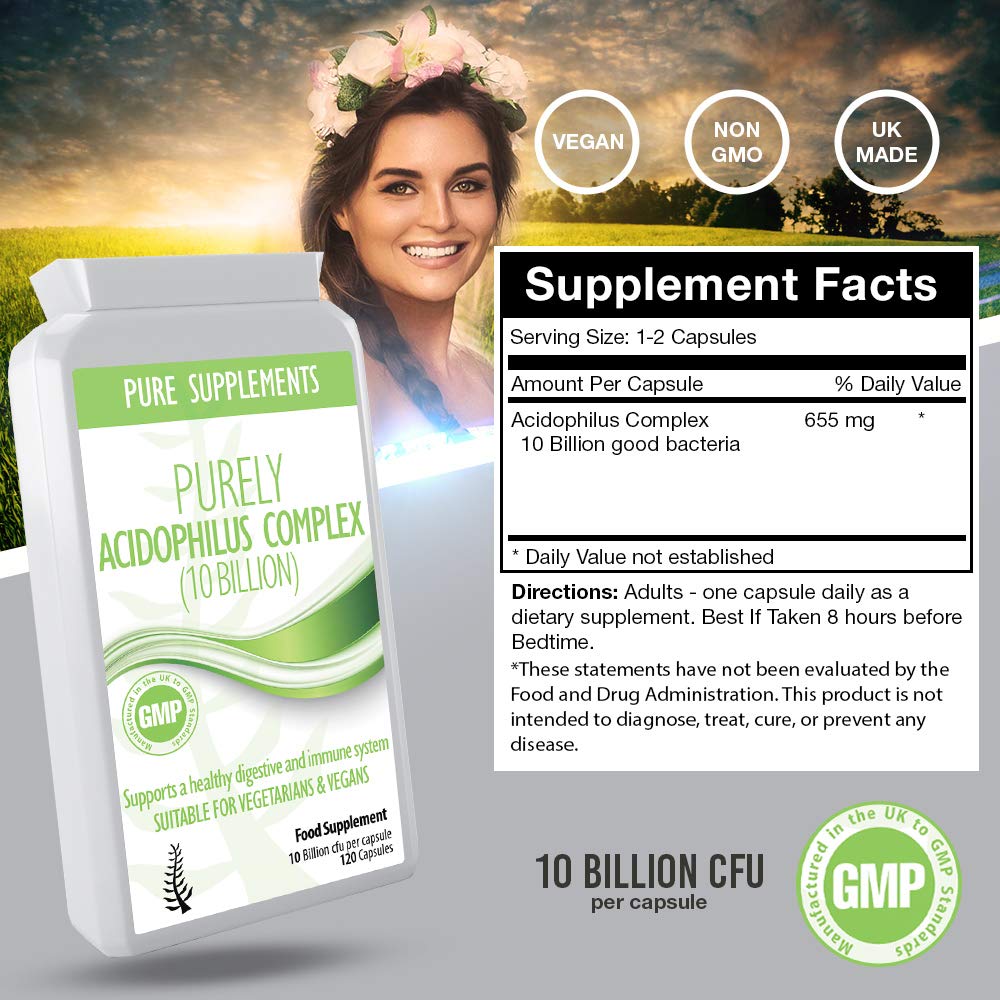 Pure Food Supplements Probiotic Acidophilus Capsules 10 billion for Women and Men 120 Capsules High CFU count Targeted strains Time-released delivery | Vegetarian & Vegan Friendly