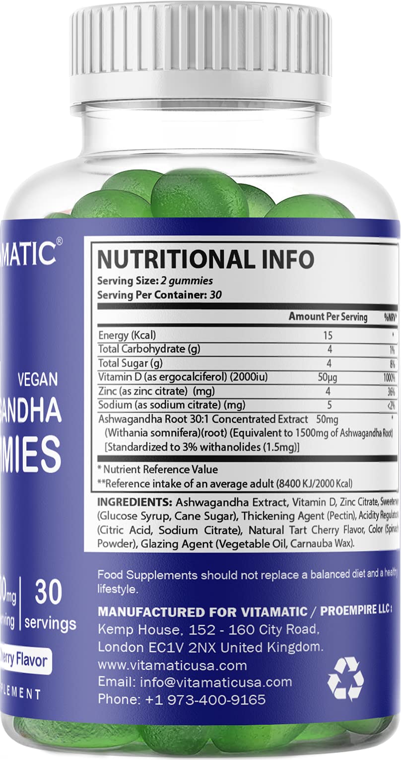 Vitamatic Ashwagandha Gummies 1500mg per Serving - 60 Vegan Gummies - 3% Withanolides
