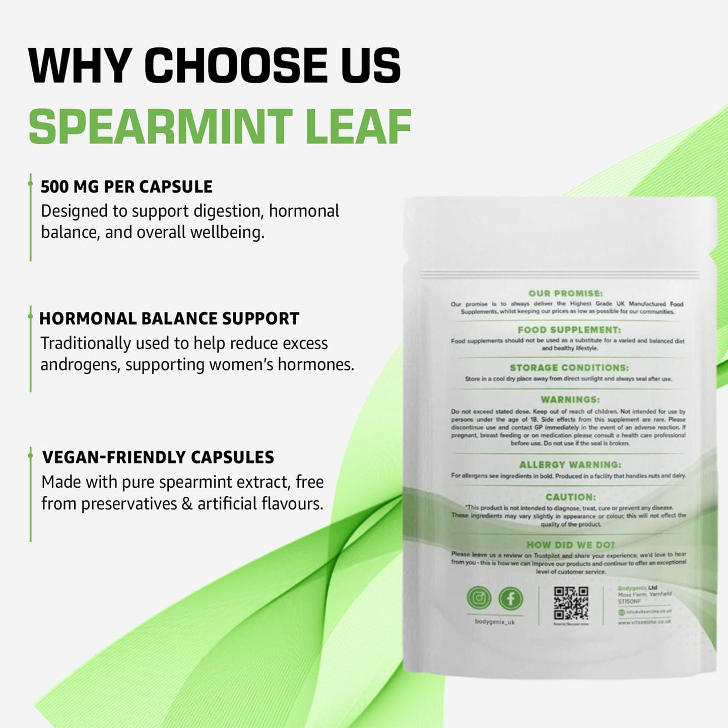 Bodygenix Spearmint Leaf Capsules - 500mg Hormonal Balance Digestive Health Fatigue & Stress Relief Support Antioxidant Formula Natural Food Supplement - 60 Capsules 2 Month Supply
