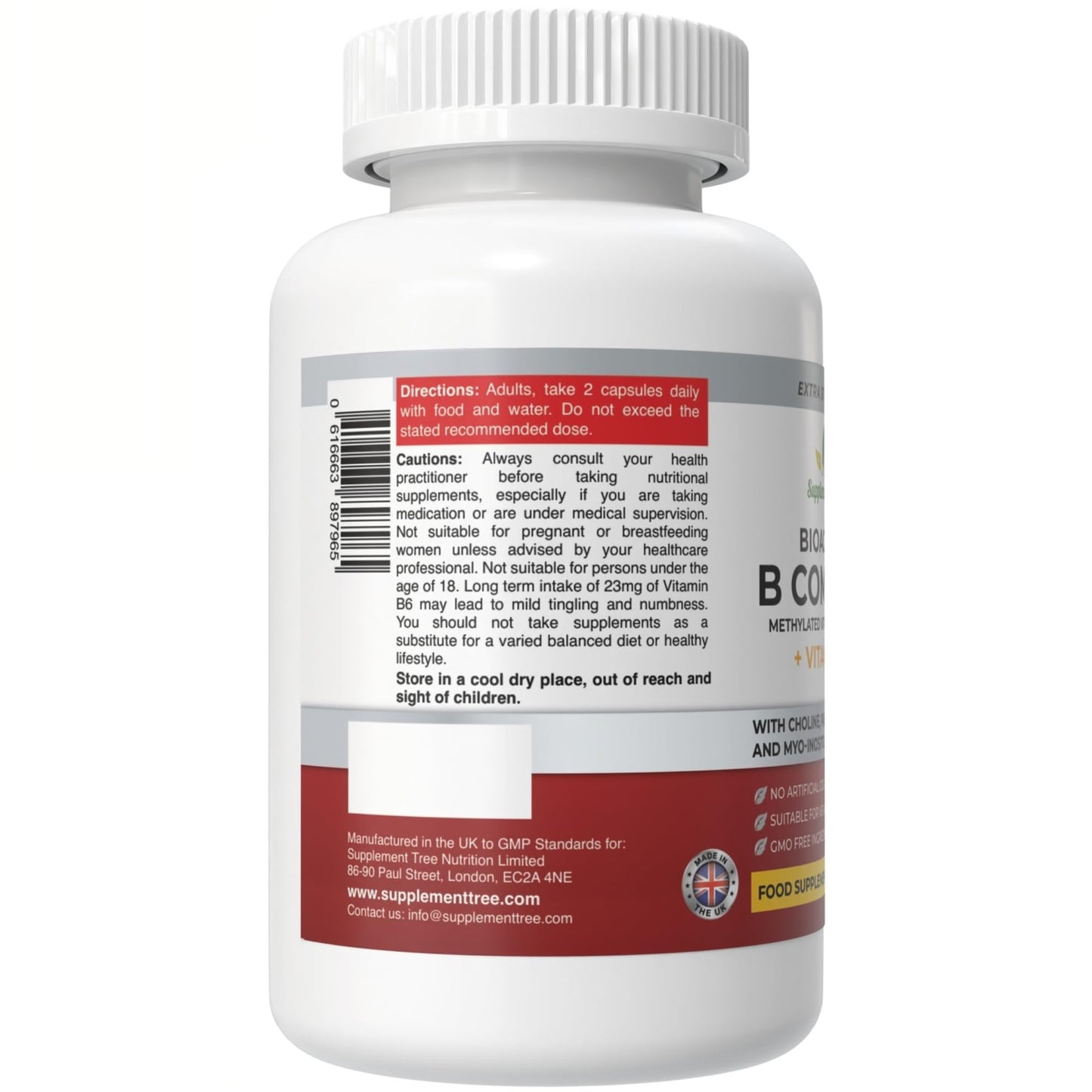 Supplement Tree Bioactive B Complex with Vitamin C – Methylated B12, Folate (5-MTHF), B6 P5P, PABA, Choline, Inositol – High Strength, 90 Vegan Capsules – Non-GMO