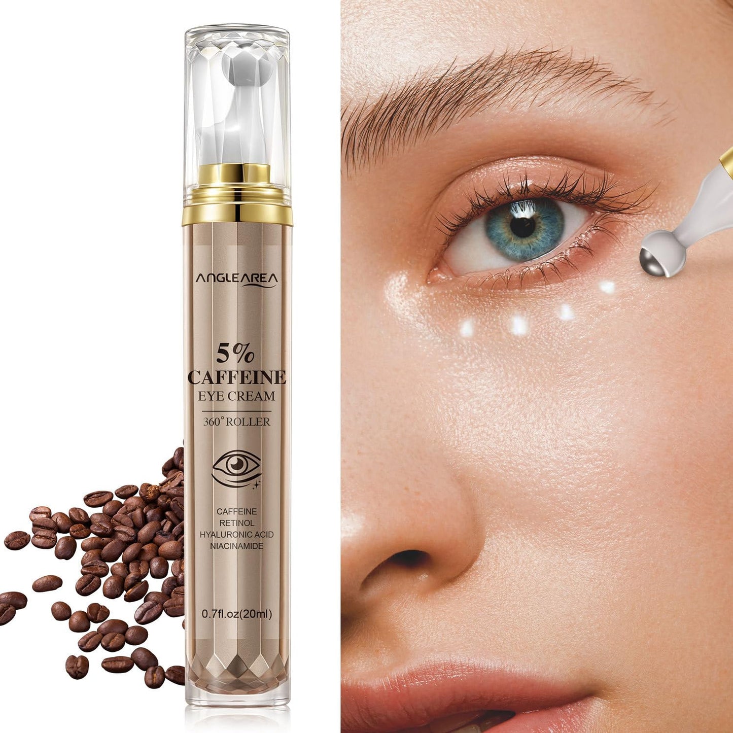 HOPHAT 5% Caffeine Eye Serum - Eye Cream with 360° Roller for Dark Circles and Puffiness, Reduce Eye Bags, Wrinkles and Fine Lines, Hydrate Eye Area 20ML