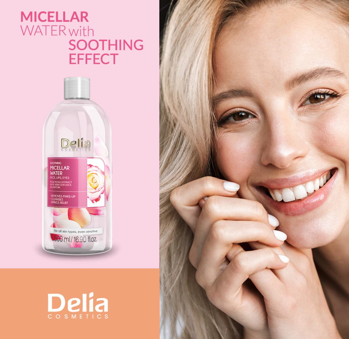 Delia Cosmetics - Soothing Micellar Water - Facial Cleanser with Rose Petal Extract & Allantoin - Clean, Soft, Fresh & Calm Face Skin - for Dry, Dehydrated Skin - 500ml