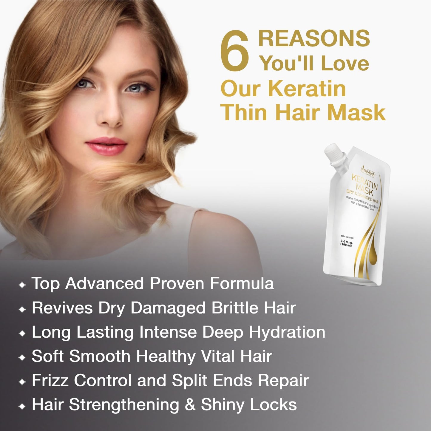 Vitamins Hair Mask Conditioner Keratin Treatment - Biotin Castor and Coconut Oil Deep Conditioning for Thin Fine Hair - Anti Frizz Moisturiser for Curly Straight Dry Damaged & Frizzy Hair