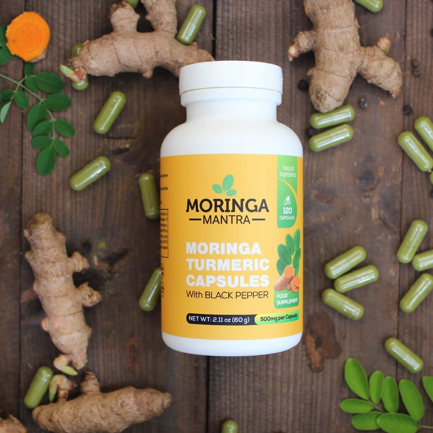 Moringa Mantra Moringa Oleifera Powder & Turmeric Root Powder with Black Pepper 120 Vegan Capsules, Gluten Free, Non - GMO