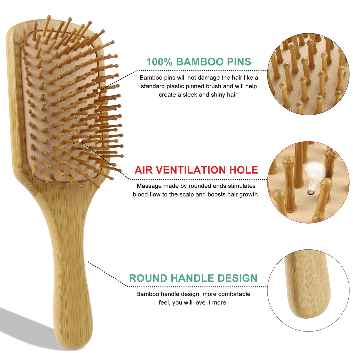 Combetter Bamboo Hair Brush & Comb Set, Scalp Massager, Detangling for Hair Growth