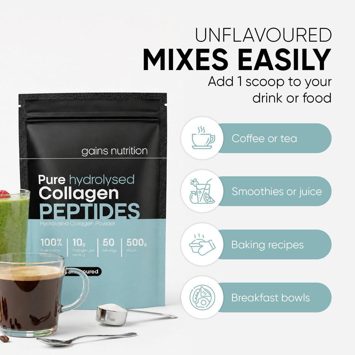 Gains Nutrition GN Collagen Peptides Powder | Hydrolyzed Bovine Collagen Powder - 500g Collagen-Supplements Halal & Kosher | Unflavoured & Unsweetened Collagen Supplements for Women & Men with Essential Amino Acids