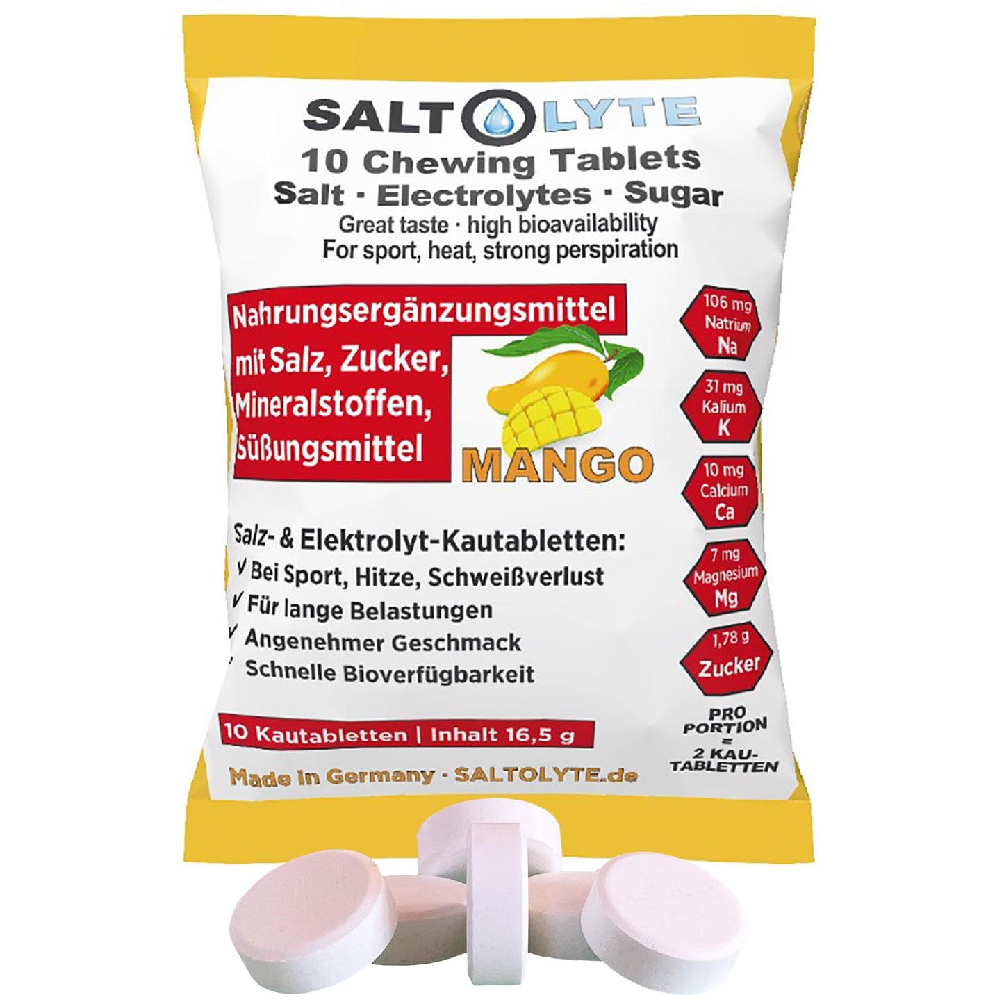SALTOLYTE 10 Chewing Tablets Mango in Sachet, Salt and Electrolyte Chewable Tablets with Sodium, Magnesium, Potassium, Calcium - Mango Flavour