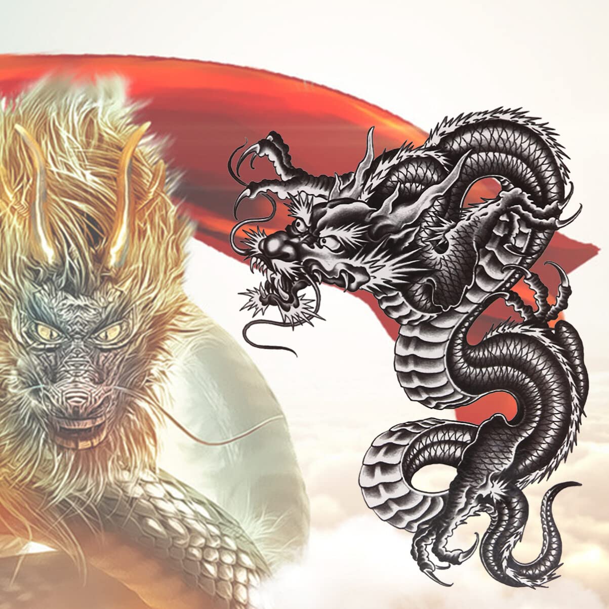 ULTNICE Large Large Temporary Arm Tattoo Stickers Waterproof Dragon Sleeve Transfers for Men Women Scar Cover Body Art 21X15cm