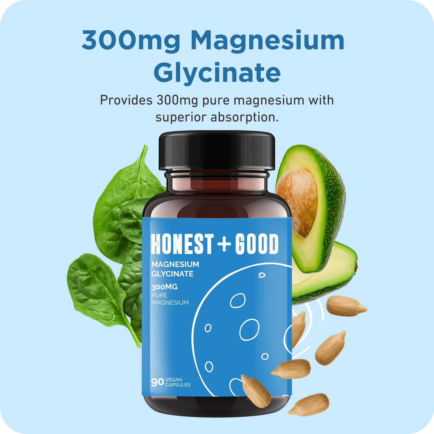 Honest + Good Magnesium Glycinate 750mg Capsules | 150mg Elemental | 3 Month Supply | High Strength & Absorption Supplement | Pure & Natural Vegan Ingredients with No Fillers | Small Batch & UK Made