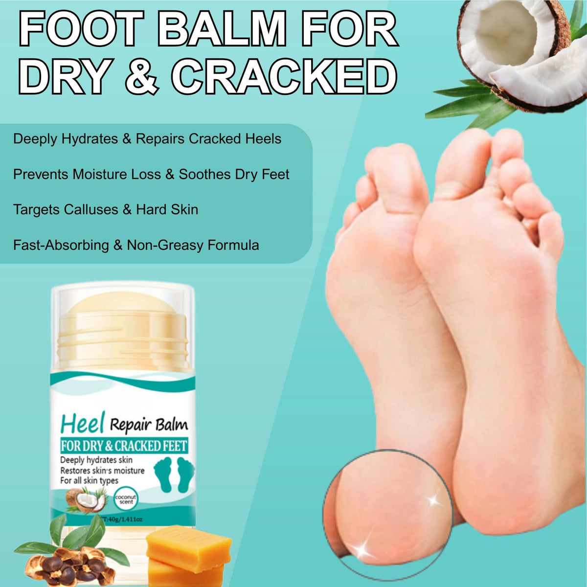 TBeautfave 3PCS Heel Repair Balm - Coconut Oil Heel Balm Stick,Cracked Heel Repair Cream,Dry Skin Remover Feet, Foot Balm for Dry & Cracked,Deeply Hydrates Skin,Restores Skin Moisture,Foot Care