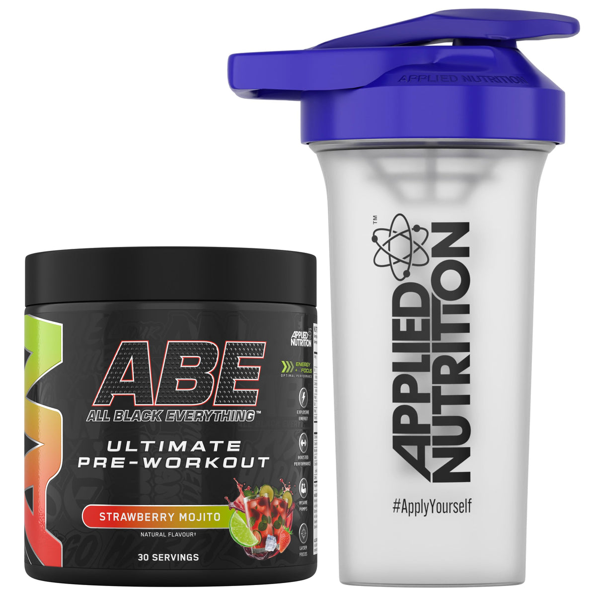 Applied Nutrition Bundle ABE Pre Workout 375g + 700ml Protein Shaker | All Black Everything Pre Workout Powder, Energy & Physical Performance with Creatine, Beta Alanine (Strawberry & Mojito)