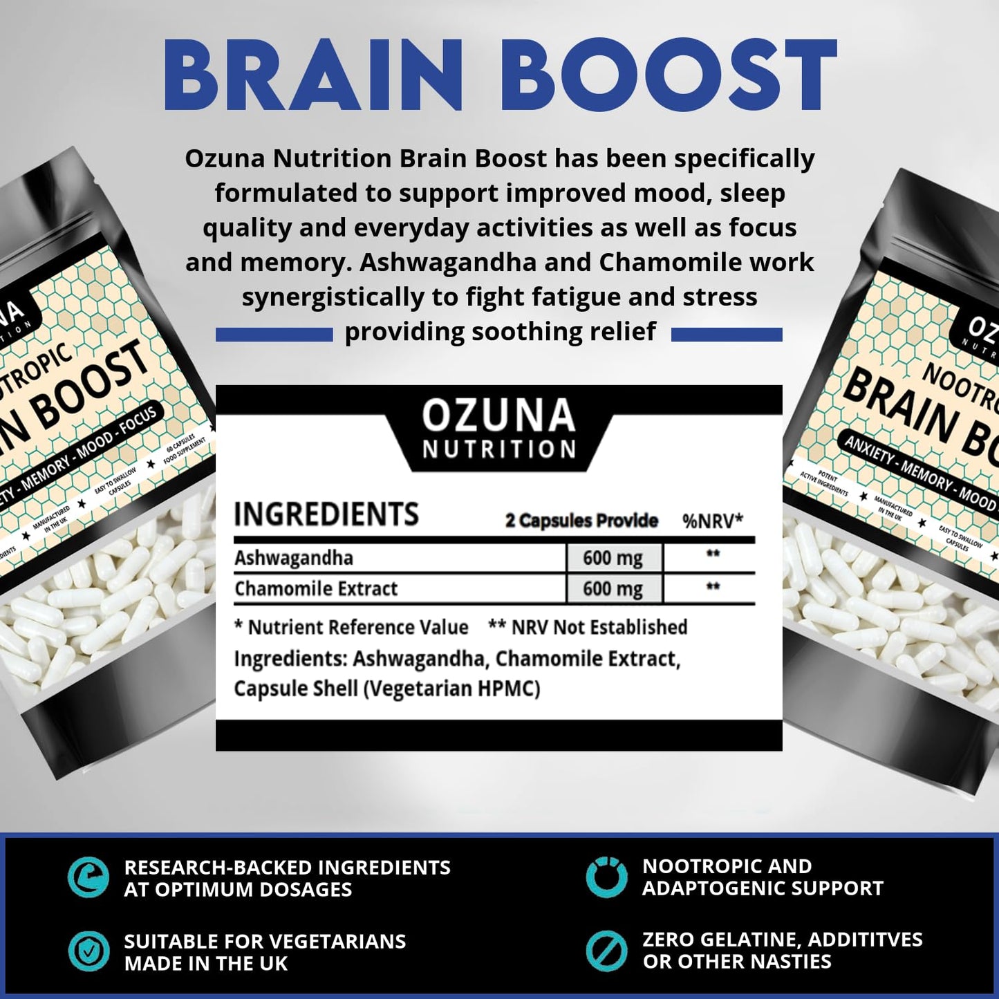 OZUNA NUTRITION Nootropic Brain Boost Supplement | Supports Cognitive Function, Energy Levels, Focus & Memory Function | Clear Brain Fog | with Ashwagandha & Chamomile | 60 Capsules