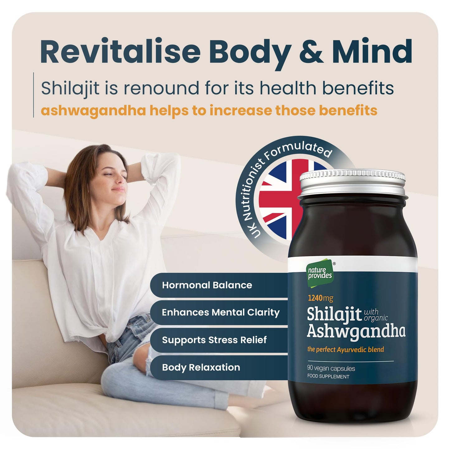 Ayurvedic Shilajit 1000mg & Organic Ashwagandha - 90 High Strength Caps, Fulvic Acid, Mineral Rich Supplement, Stress & Energy Support, Adaptogen, Vegan, GMO-Free, Made in UK by Nature Provides
