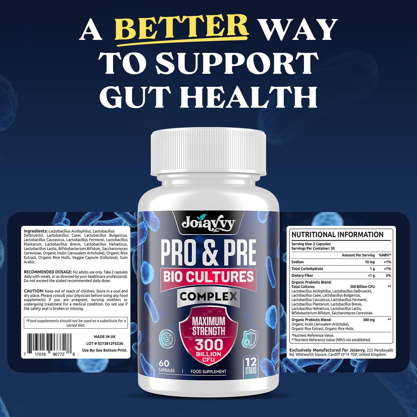 Joiavvy 300 Billion CFU Probiotics & Prebiotics Culture Complex for Gut Health, High Strength 12 Multi Strains, Added 3 Prebiotics, Digestive Probiotics Supplement for Men & Women, 120 Vegan Capsules