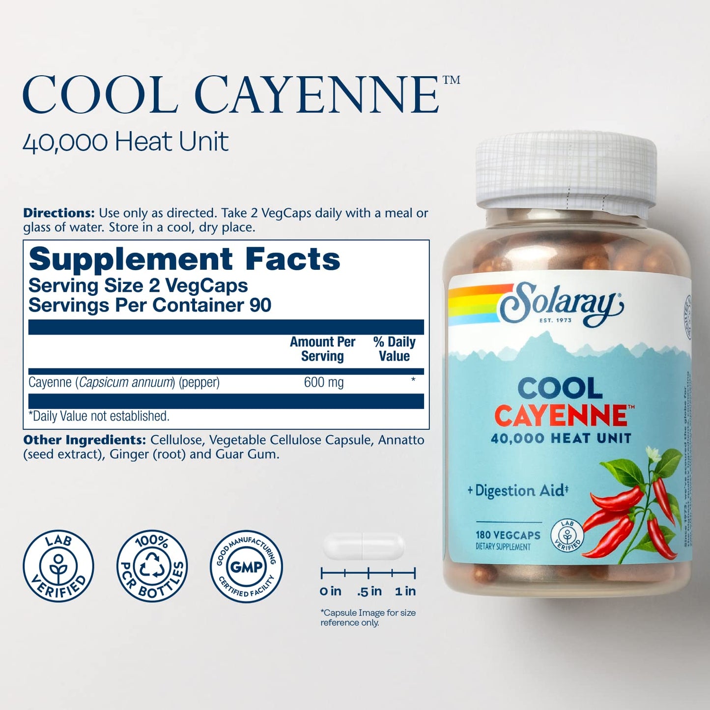 SOLARAY Cool Cool Cayenne 40,000 HU, Healthy Digestion, Circulation, Metabolism & Cardiovascular Support 180 VegCaps
